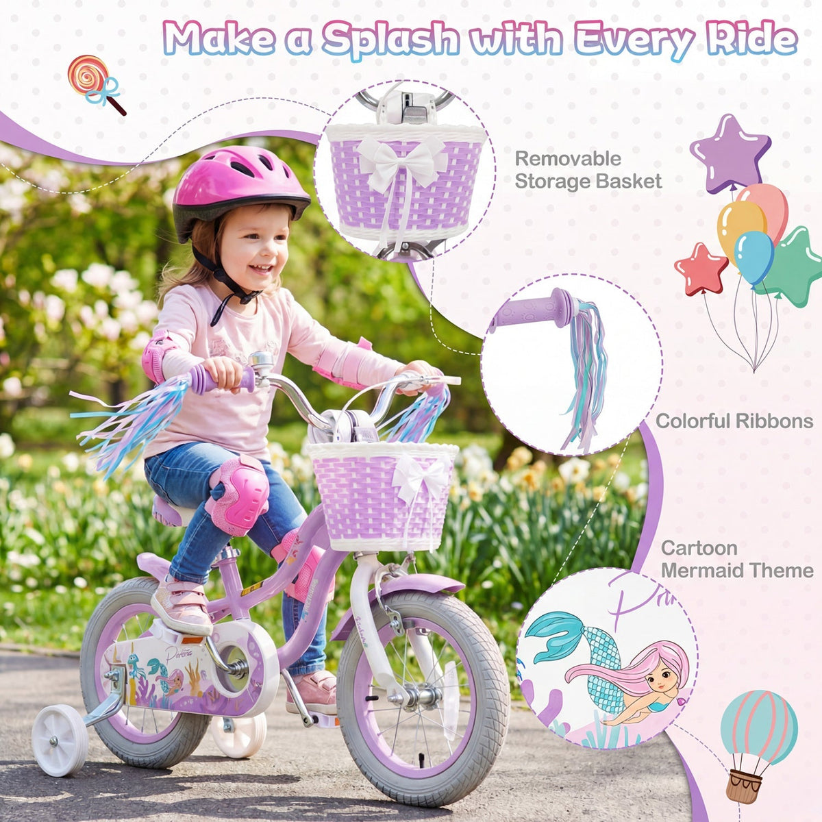 Purple kids bike with 12-inch wheels, training wheels, and a front basket, perfect for young children learning to ride.