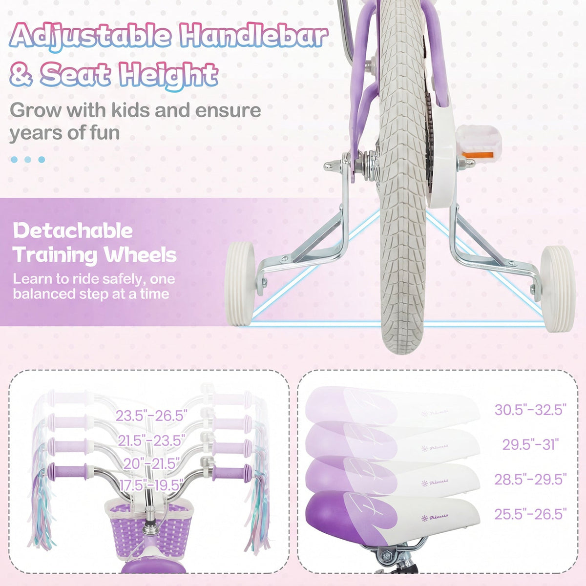 Purple kids bike with 12-inch wheels, training wheels, and basket, designed for young children from GBruno Store.