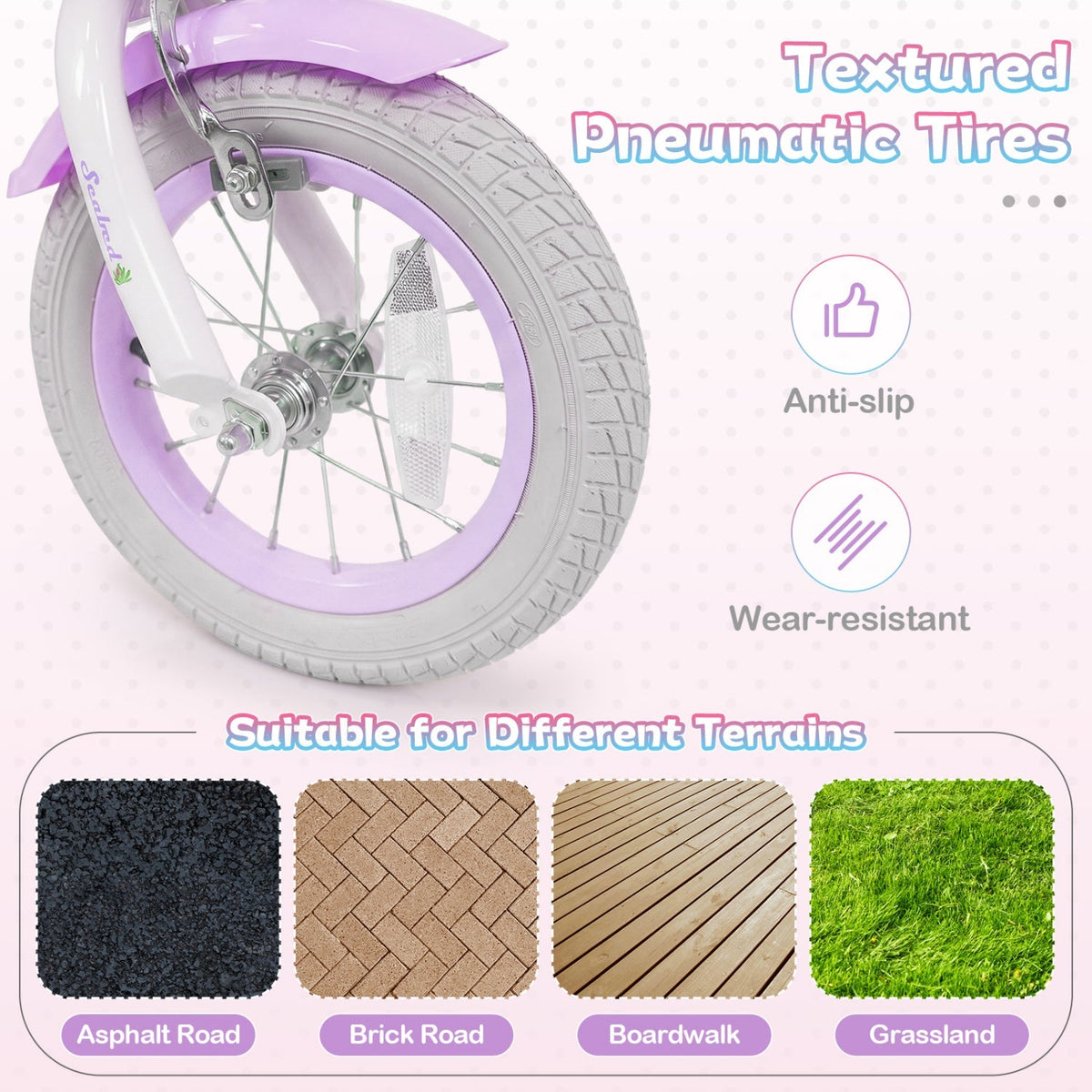 Purple kids bike with 12-inch wheels, training wheels, and a front basket, designed for children by GBruno Store.