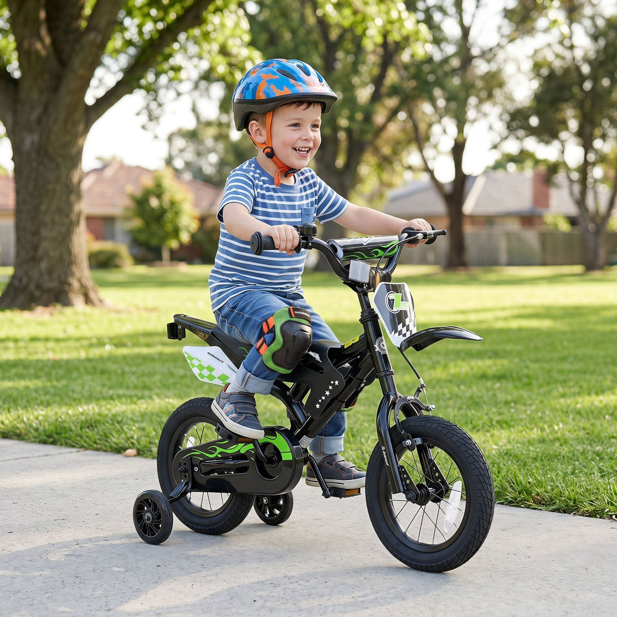 12-inch kids bike with training wheels from GBruno Store, designed for children ages 3 to 4, featuring colorful frame and safety grips.