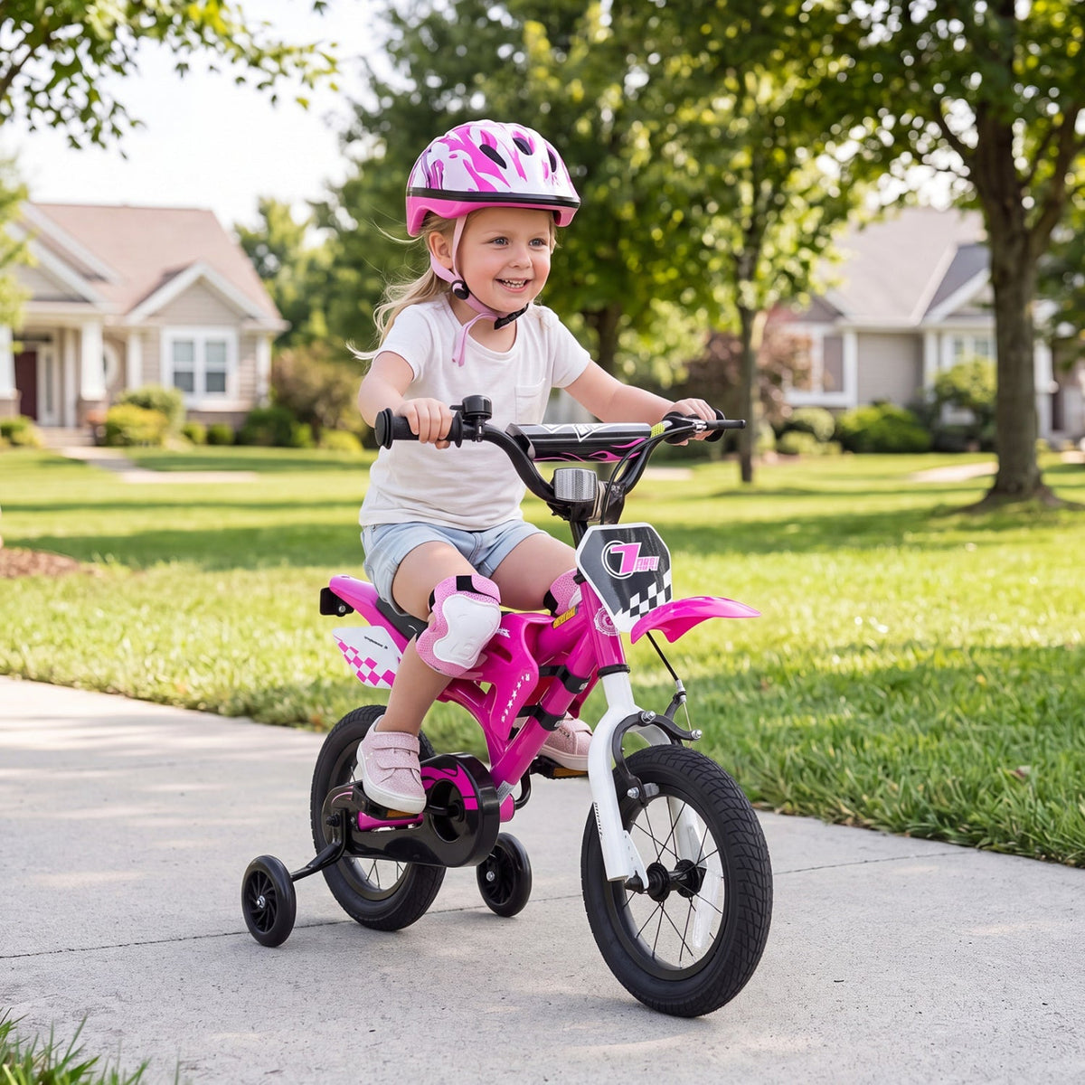 12-inch kids bike with training wheels in blue, designed for children ages 3-4, featuring a sturdy frame and colorful accents.