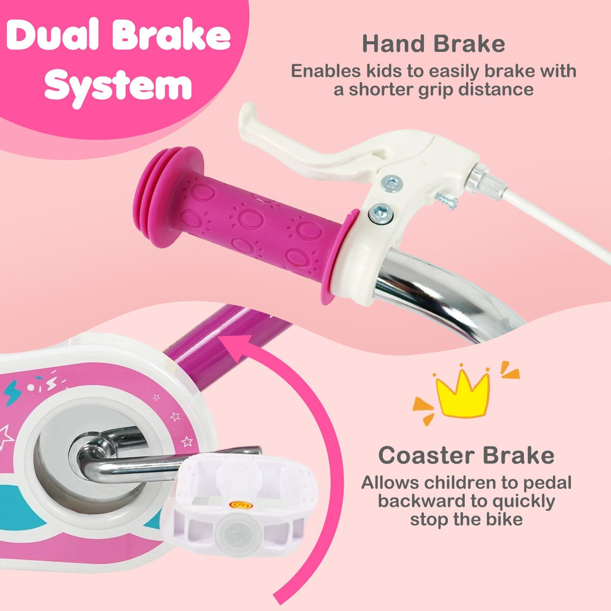Pink kids bike with 12-inch wheels and training wheels, ideal for young children, featuring a sturdy frame and colorful design.