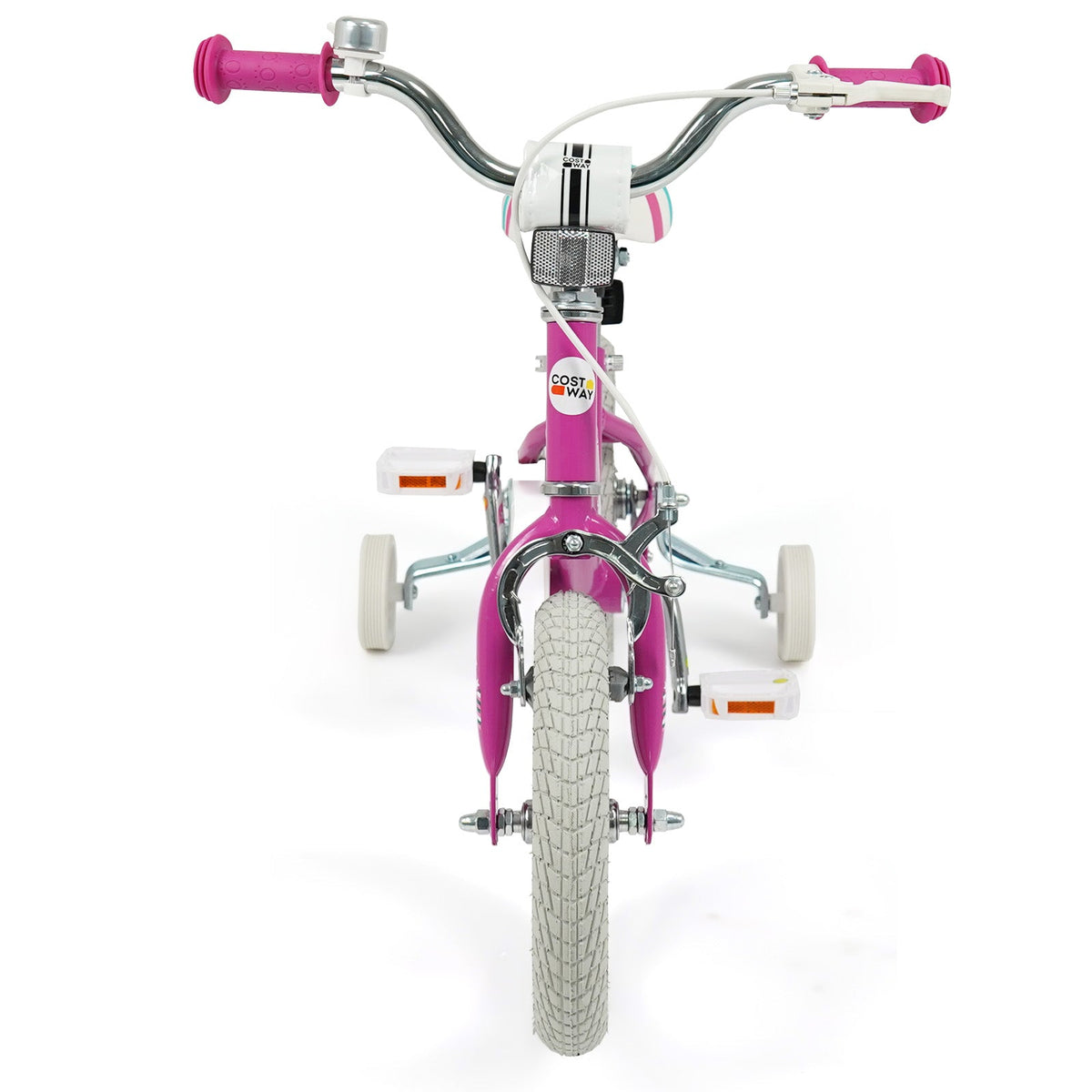 Pink kids bike with 12-inch wheels and training wheels, designed for young children, featuring a sturdy frame and colorful accents.