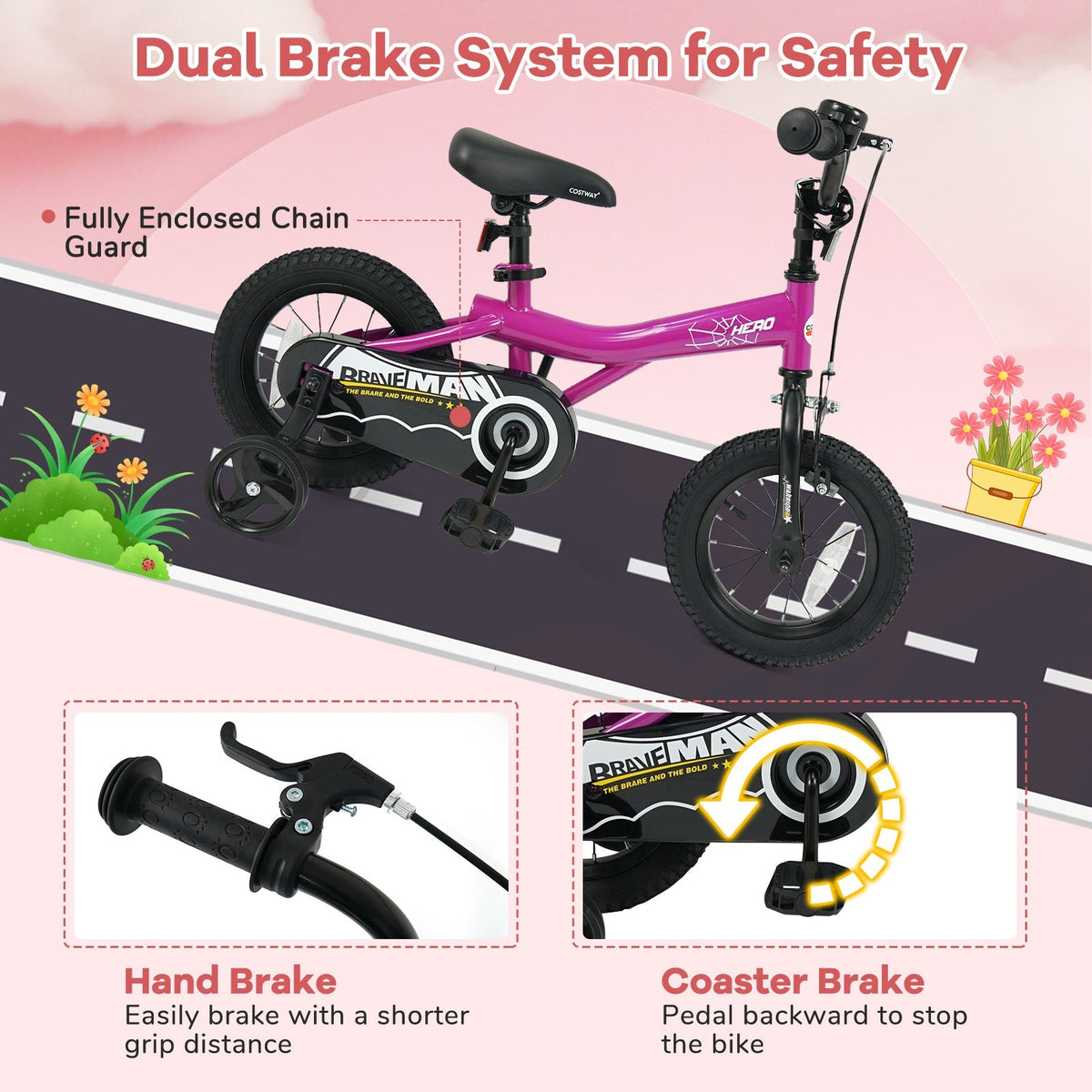 Pink 14-inch kids bike with removable training wheels by GBruno Store, featuring a sturdy frame and colorful design for young riders.