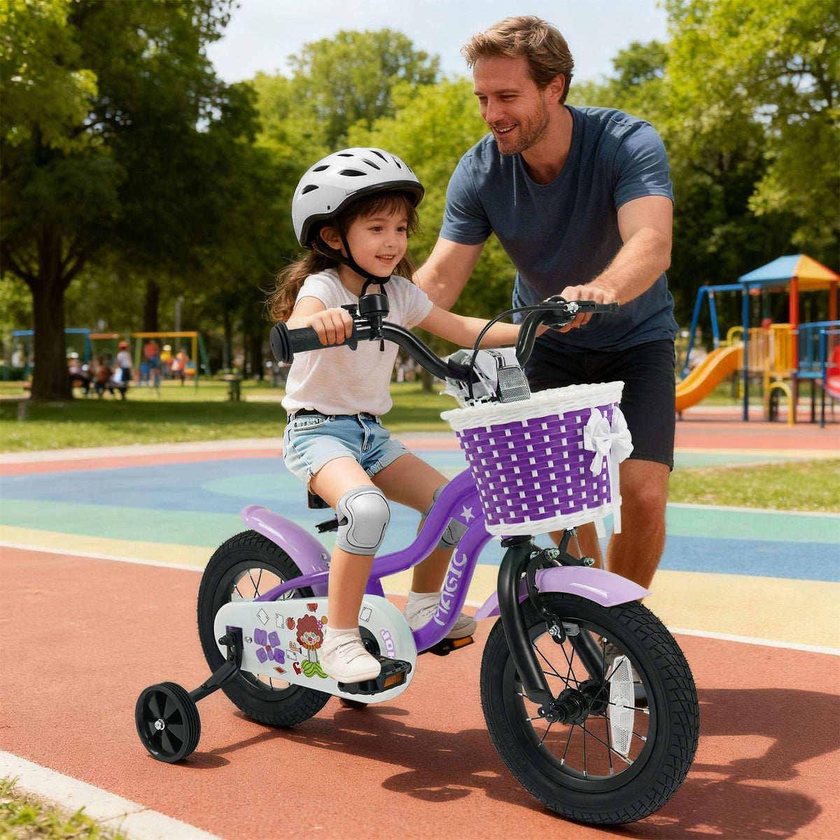 Purple kids bike with training wheels, 12-inch size, designed for children learning to ride, featuring a sturdy frame and colorful details.