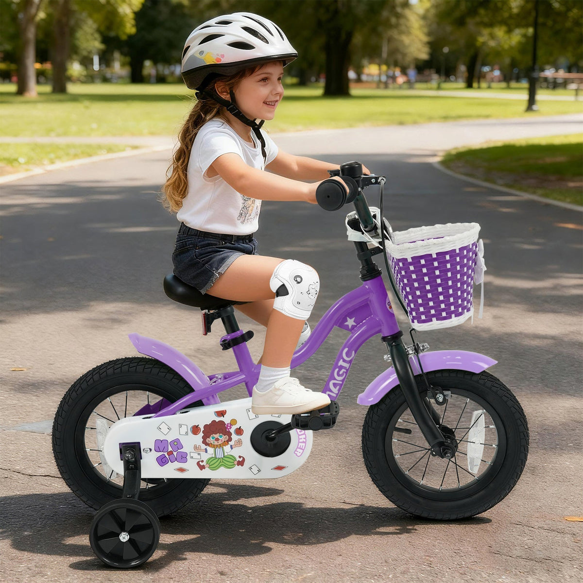 Purple kids bike with training wheels, 12-inch size, suitable for children learning to ride, from GBruno Store.