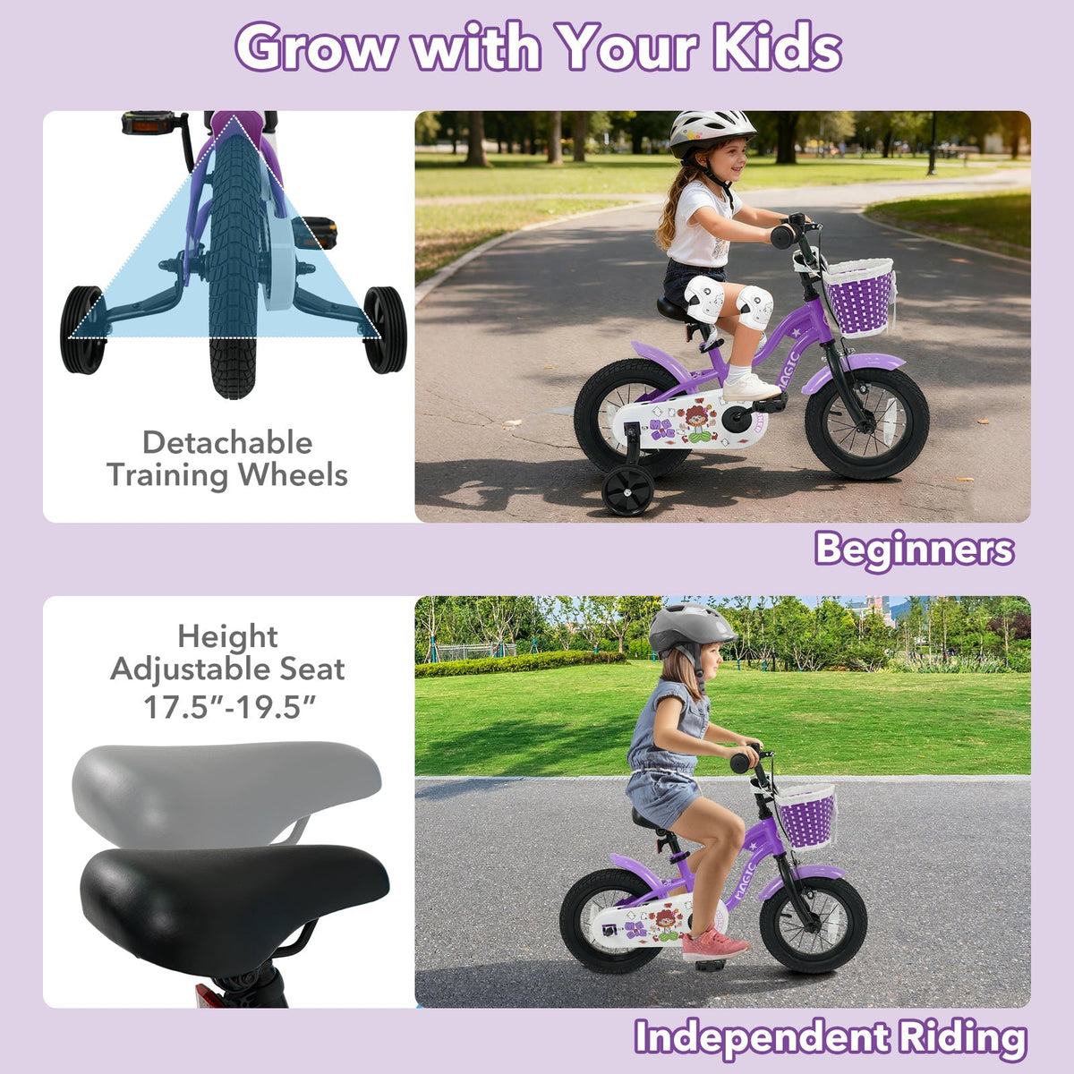 Purple kids bike with training wheels for ages 12-18 inches, featuring a sturdy frame and colorful design for young riders.