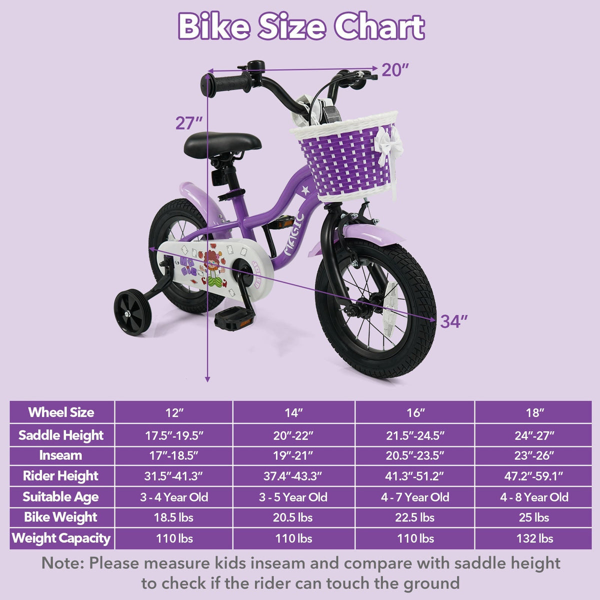 Purple kids bike with training wheels, 12-inch size, suitable for young children, by GBruno Store.