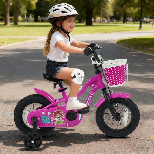 Kids bike with training wheels, 12-inch size, in pink magic rose color, designed for young children by GBruno Store.