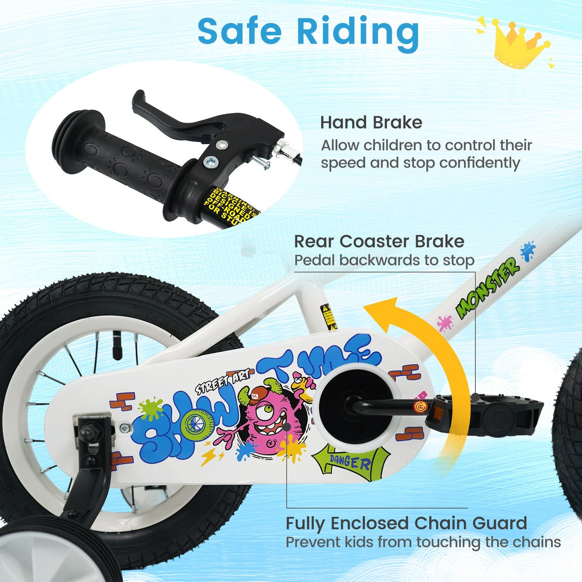 White kids bike with training wheels, 12-inch size, suitable for children learning to ride, by GBruno Store.