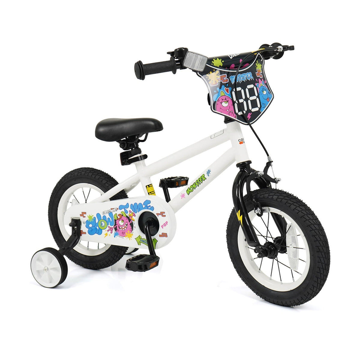 White kids bike with training wheels, 12-inch size, suitable for children learning to ride, by GBruno Store.