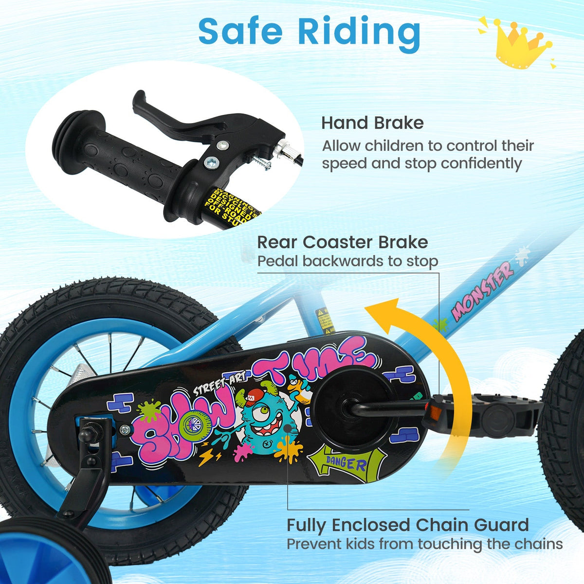 Kids bike by GBruno Store, 16-inch frame with training wheels, suitable for children aged 4 to 7, featuring colorful design and safety features.