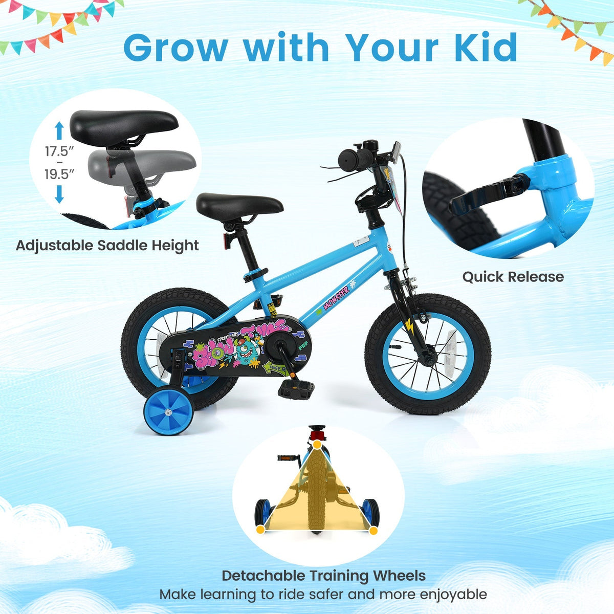 GBruno Store 16-inch kids bike with training wheels for ages 4-7, featuring colorful design and sturdy frame.