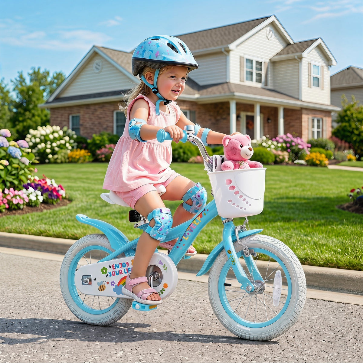 Girls 12-inch bike by GBruno Store with training wheels, basket, and colorful frame designed for young children.