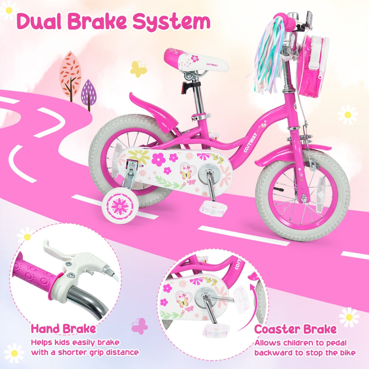 Girls kids bike with 12-inch wheels, training wheels, and a front bag, featuring a colorful frame and comfortable seat.