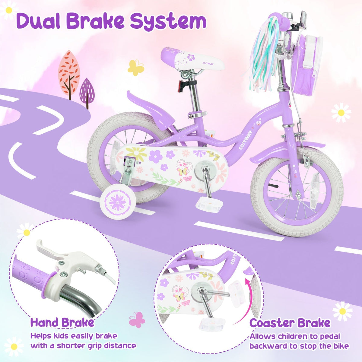 12-inch girls' kids bike with training wheels from GBruno Store, featuring a pink frame and adjustable seat for ages 3-4.