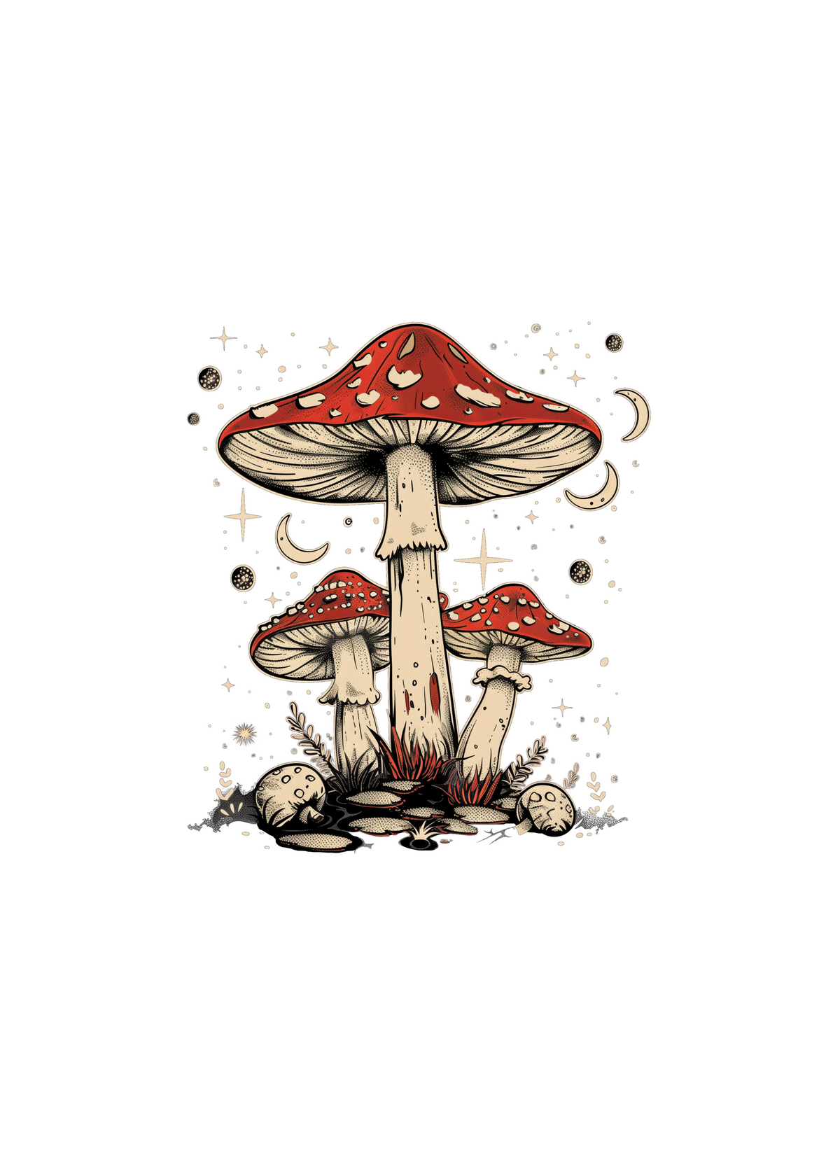 Men's Boho Retro Hippie Mushrooms T-shirt by Spun Bamboo featuring a natural bamboo and cotton fabric with colorful mushroom graphic print.