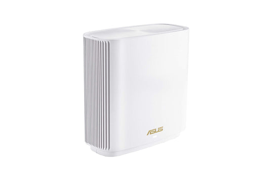 ASUS ZenWiFi Mesh WiFi 6E system with two routers, featuring sleek design and LED indicators for seamless home internet coverage
