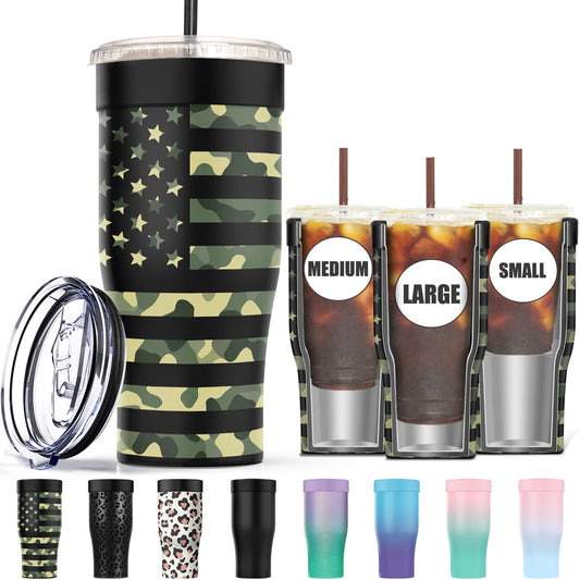Camouflage stainless steel iced coffee sleeve by BACKUPMYFILESNOW.COM®, reusable double wall insulator for cold drinks on small to large cups.