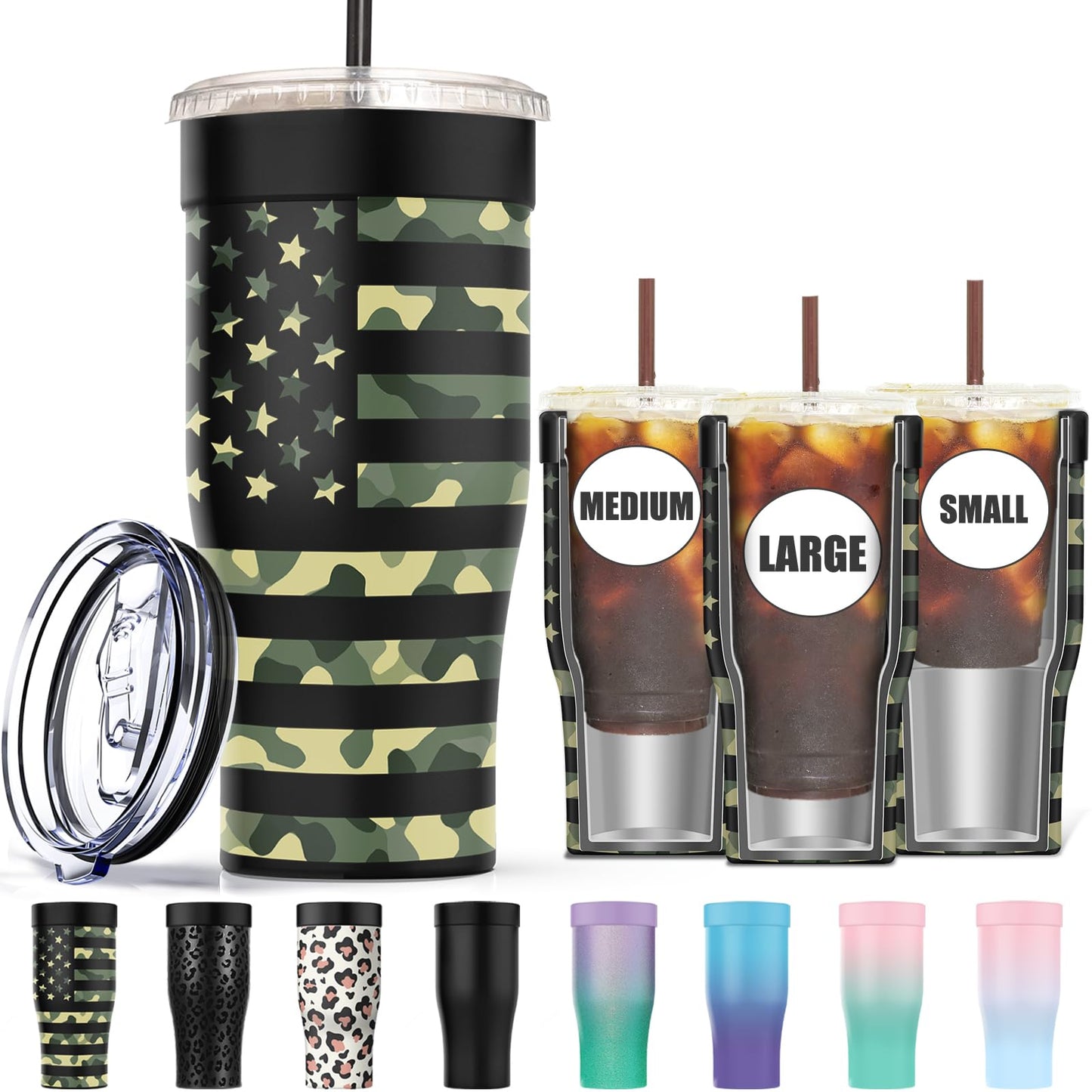 Camouflage stainless steel iced coffee sleeve by BACKUPMYFILESNOW.COM®, reusable double wall insulator for cold drinks on small to large cups.