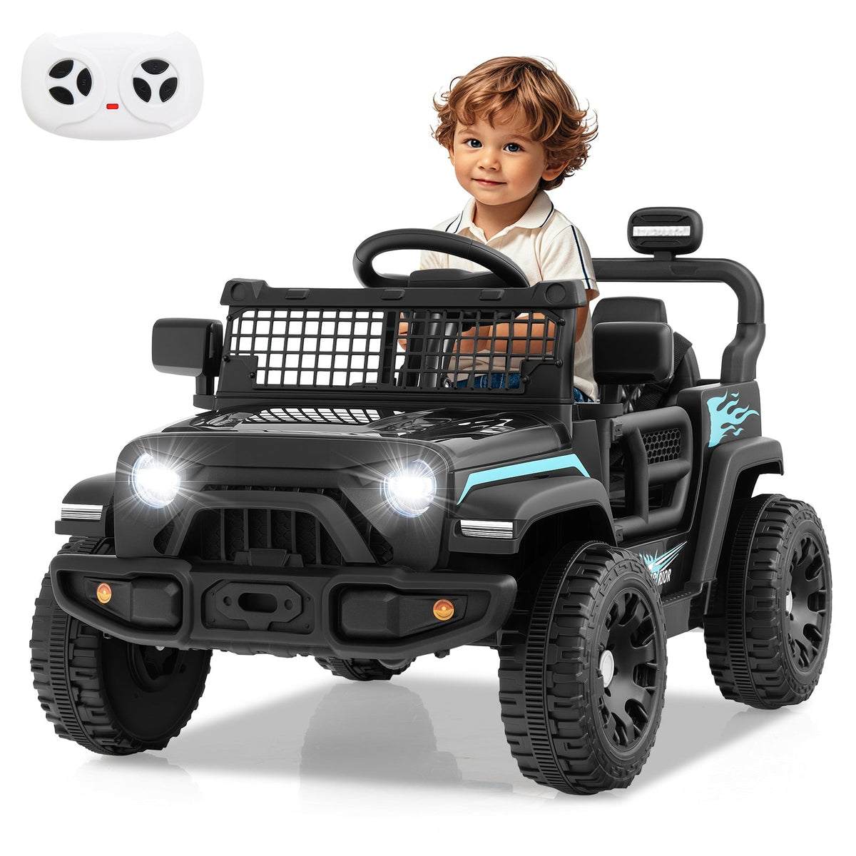 Kids riding in a 12V GBruno Store battery-powered electric ride-on truck, featuring realistic truck design and durable wheels.
