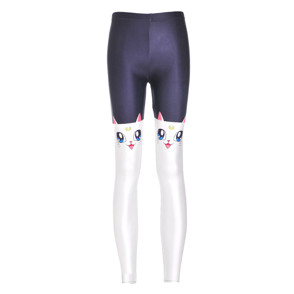 Women's fitness leggings with white cat print, full-length stretch design