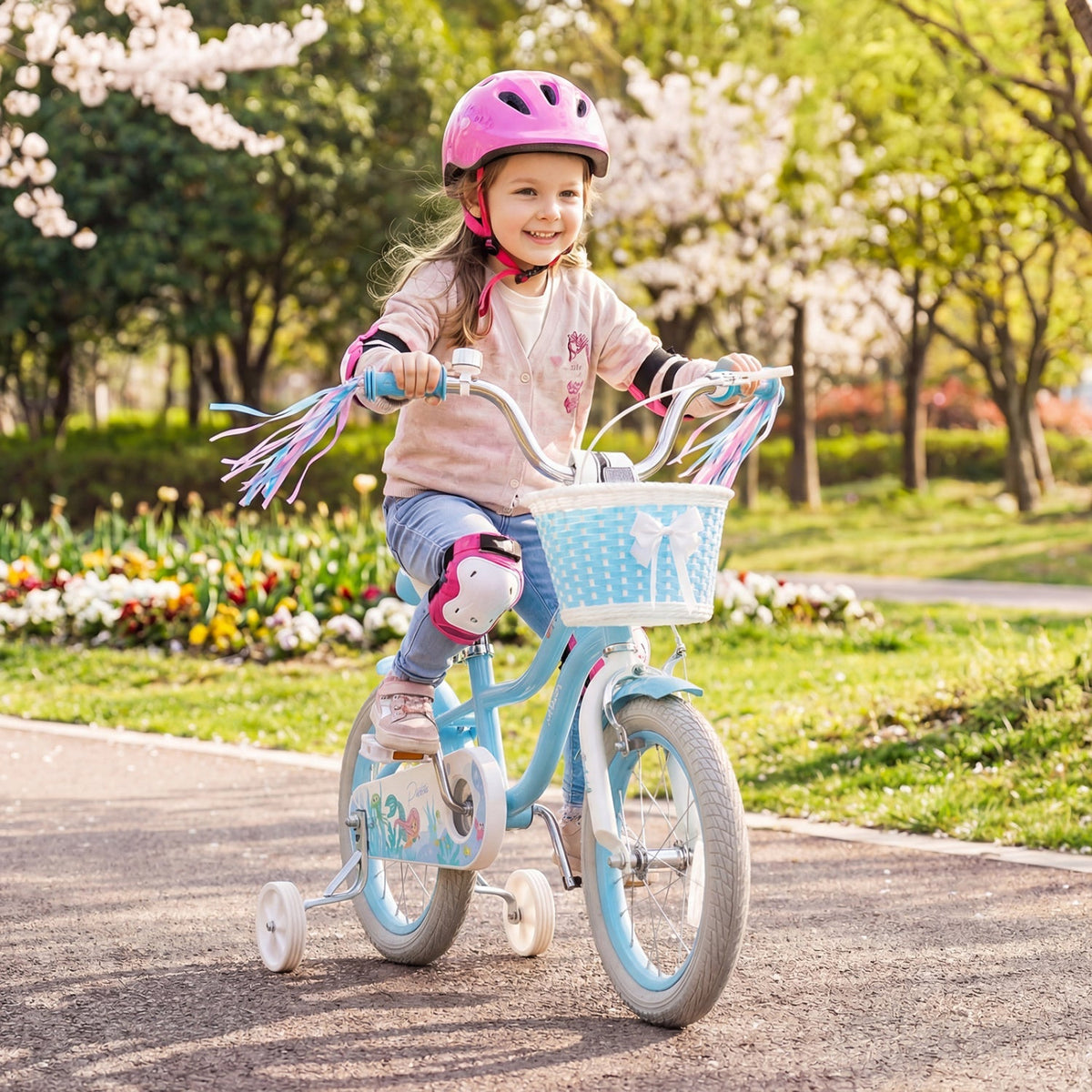 Kids bike by GBruno Store with 14-inch wheels, training wheels, and a basket for young riders, suitable for ages 12 to 20 inches.