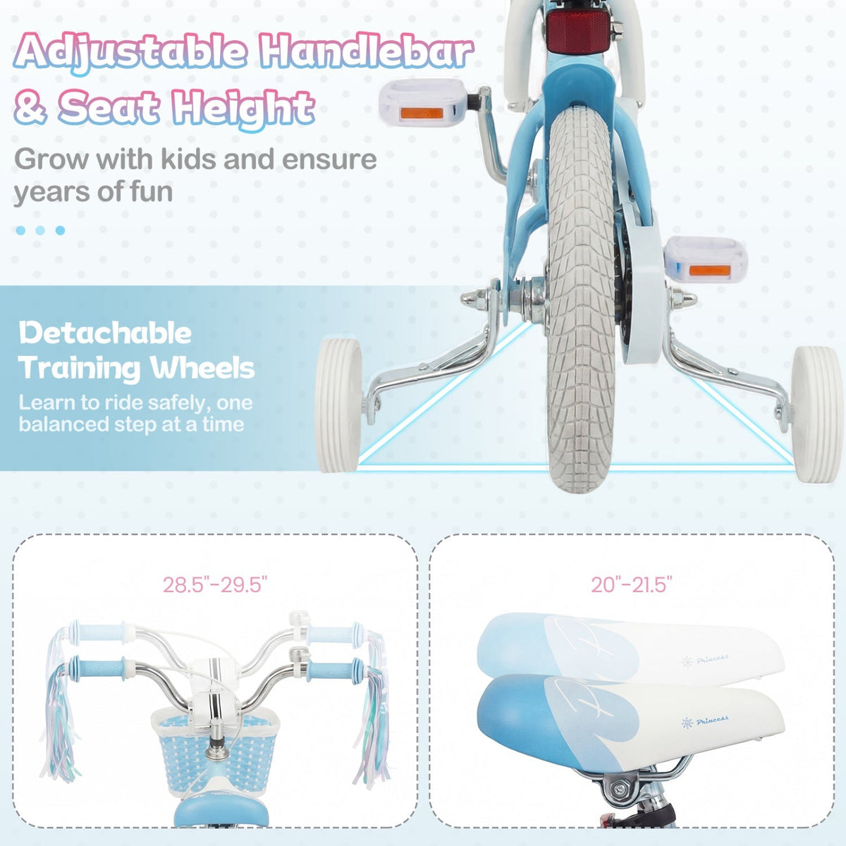 Kids bike by GBruno Store with 14-inch wheels, training wheels, and a front basket, suitable for children learning to ride.