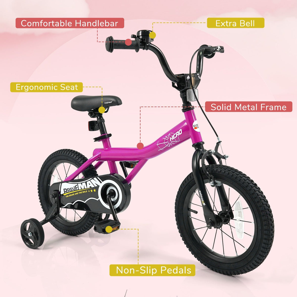 Pink 14-inch kids bike with removable training wheels and colorful handlebar grips, designed for young children learning to ride.