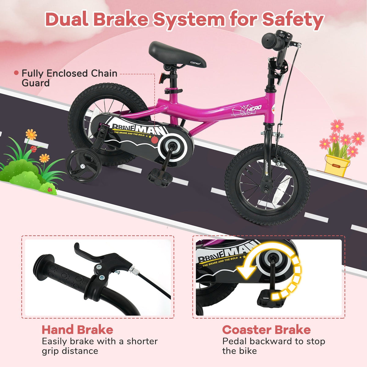 Pink 14-inch kids bike with removable training wheels and a sturdy frame, perfect for young children learning to ride.