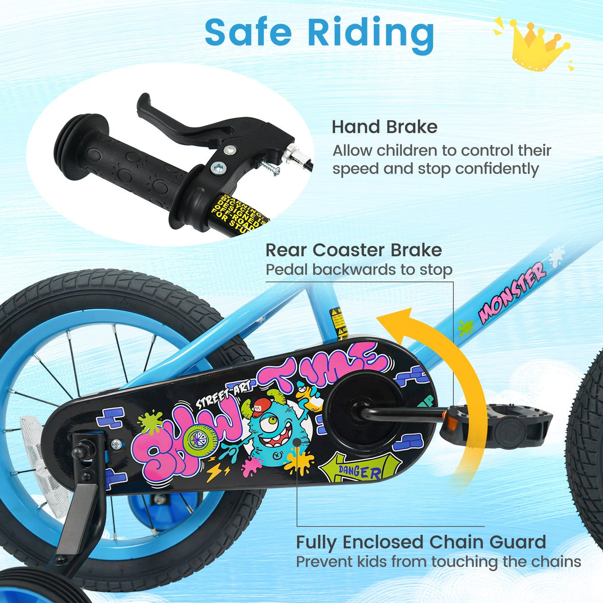 Kids bike with 16-inch wheels and training wheels, suitable for ages 4-7, by GBruno Store, shown in bright colors.