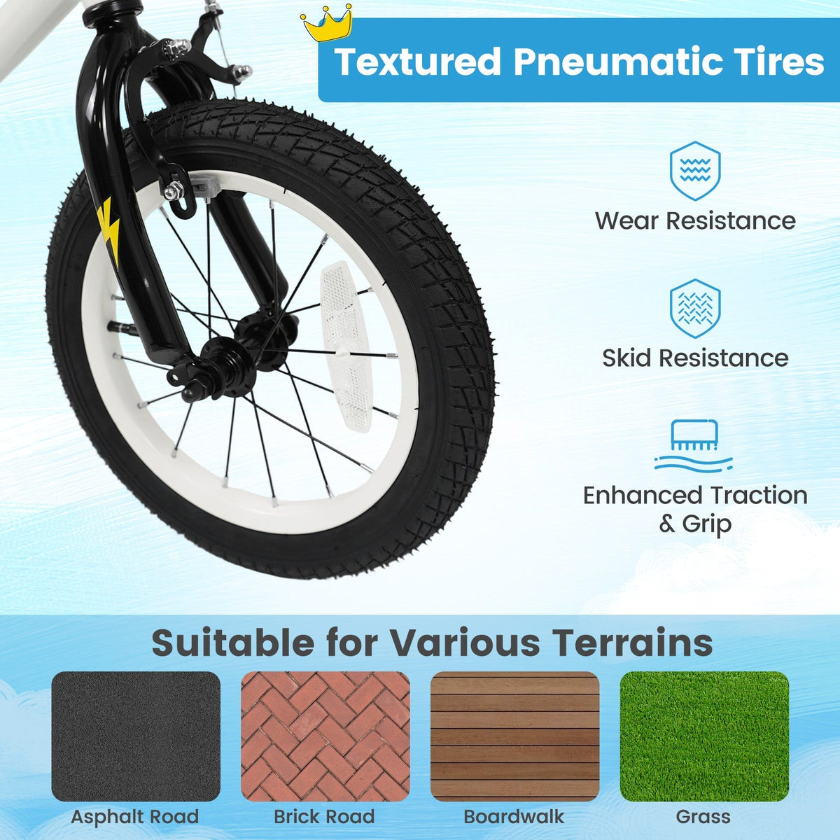 White kids bike with 14-inch wheels and training wheels, ideal for children learning to ride, by GBruno Store.