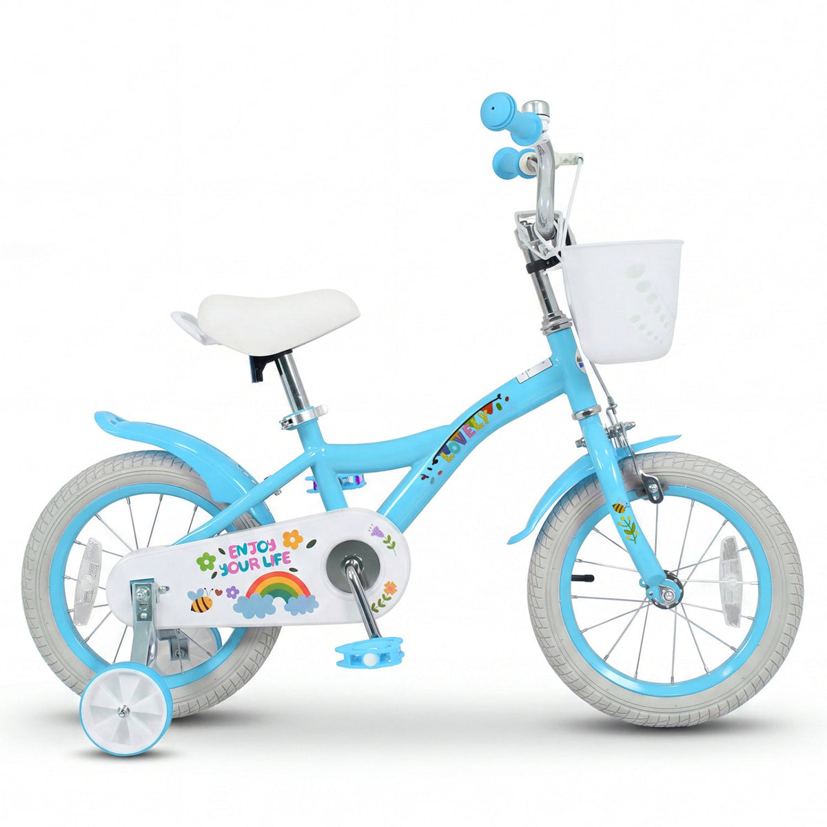Girls 12-18 inch kids bike with training wheels and basket, featuring a pink frame and colorful accents, suitable for young riders.