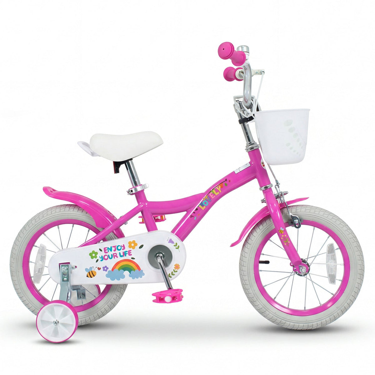 Girls bike for ages 12-18 inches with training wheels and basket, featuring colorful frame and sturdy tires for safe riding.