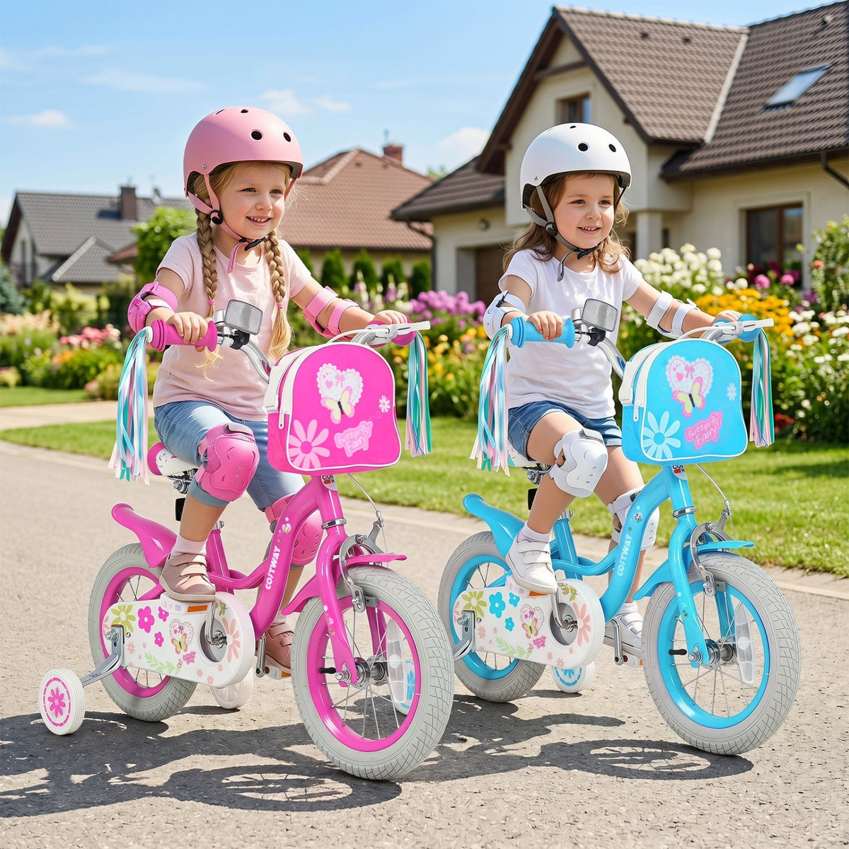 Girls bike for ages 12-18 inches with training wheels and front bag, featuring a colorful frame and safety grips.