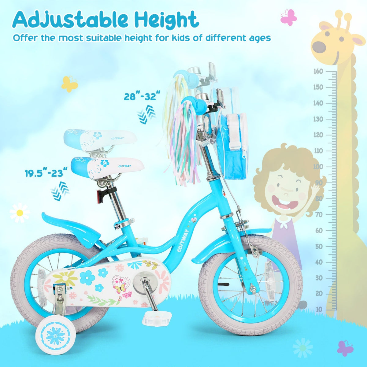 Girls bike for ages 12-18 inches with training wheels and front bag, featuring a colorful frame and comfortable seat.