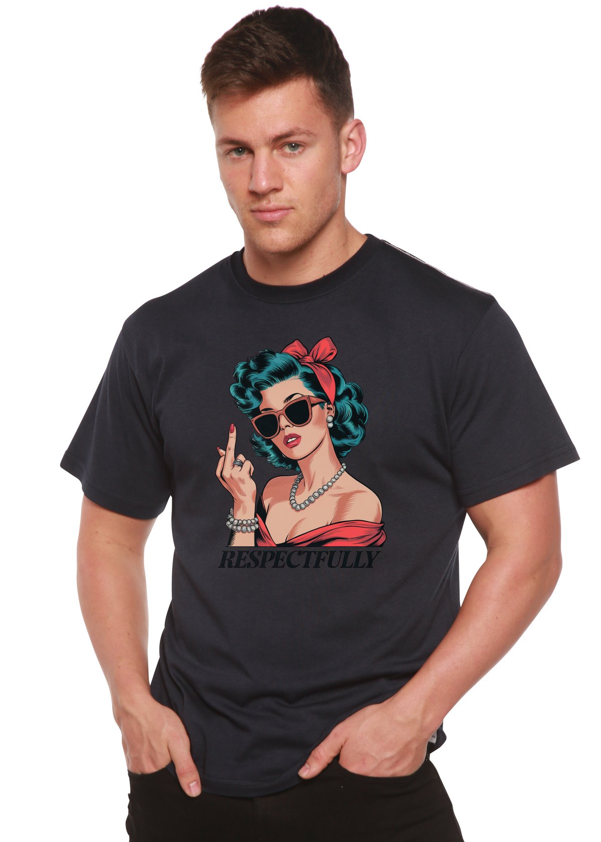 Spun Bamboo men's printed T-shirt featuring a respectful middle finger graphic on soft bamboo and cotton fabric.