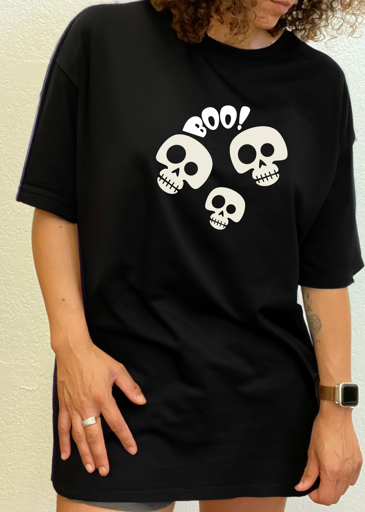 Unisex Halloween Boo graphic T-shirt by Spun Bamboo, short sleeve, bamboo viscose organic cotton fabric, featuring spooky holiday design.