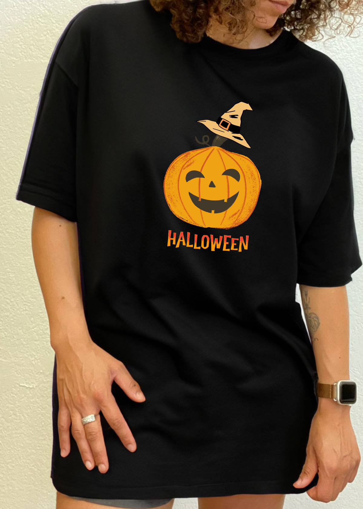 Unisex Halloween pumpkin graphic T-shirt by Spun Bamboo, short sleeve, made of bamboo viscose and organic cotton, featuring a festive print.
