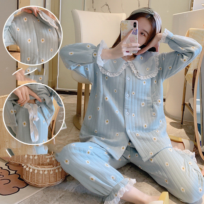 Maternity winter air cotton zipper confinement pajamas in soft fabric with long sleeves for postpartum wear