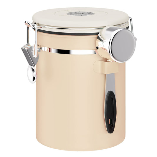Stainless steel ShanSon coffee canister with CO2 valve and scoop, 22 oz capacity for storing coffee beans, grounds, sugar, flour, or cereal.