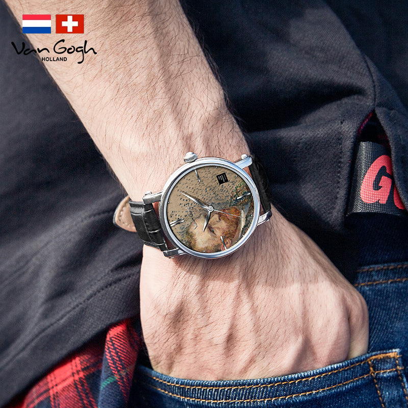 Van Gogh 3D oil painting self-portrait men's quartz watch with steel strap and textured surface