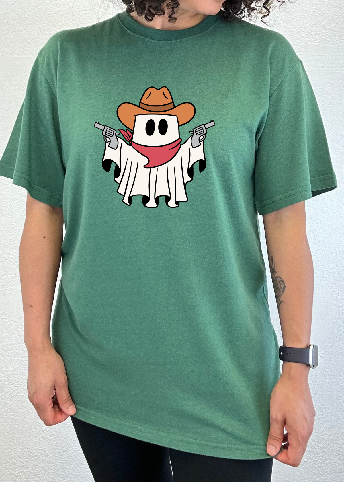Spun Bamboo cowboy ghost unisex graphic T-shirt with short sleeves, bamboo viscose and organic cotton, men's printed casual tee.