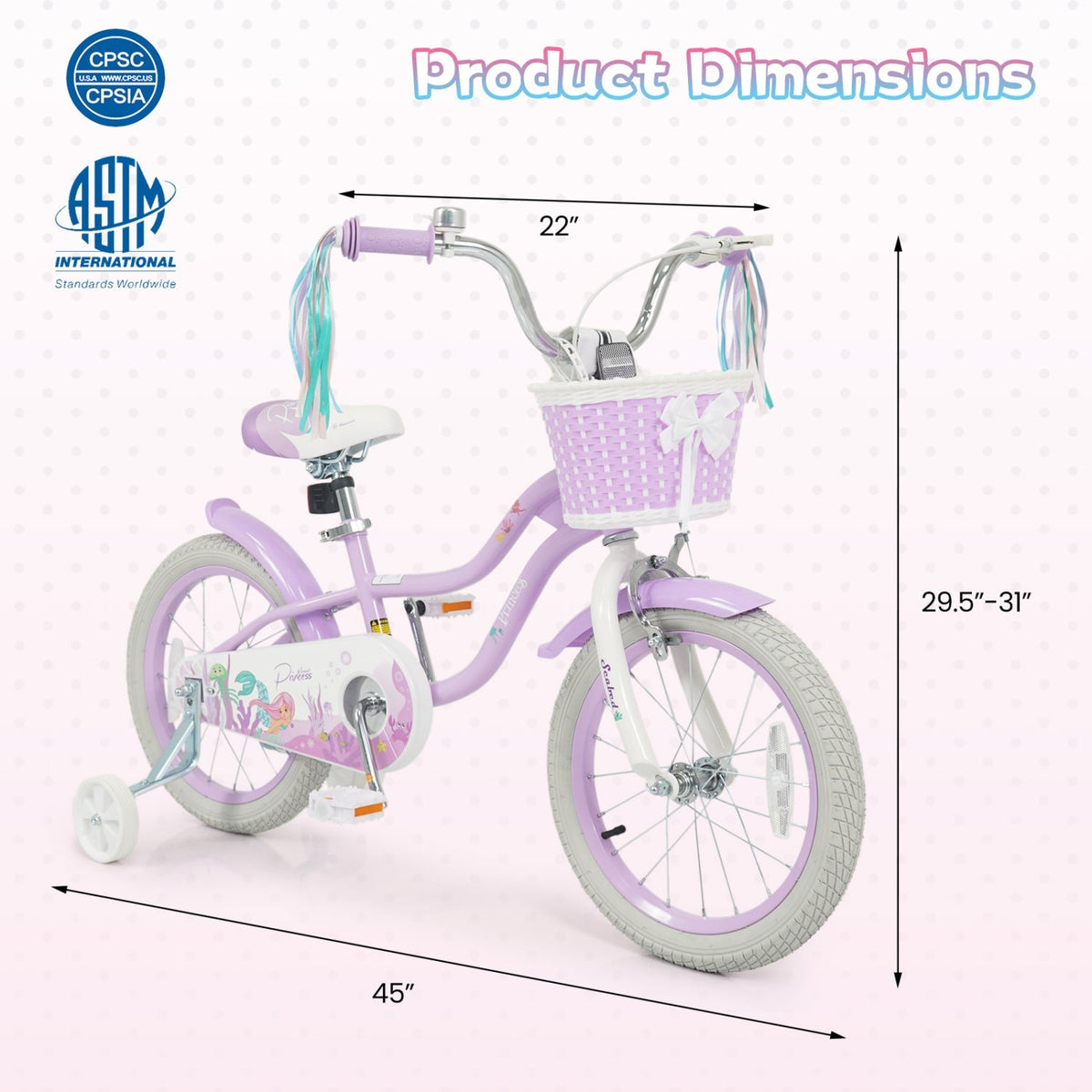 Purple kids bike from GBruno Store with 16-inch wheels, training wheels, and a front basket, perfect for young riders.