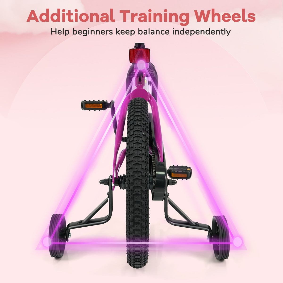 Pink 14-inch kids bike with removable training wheels and adjustable seat, suitable for young children learning to ride.