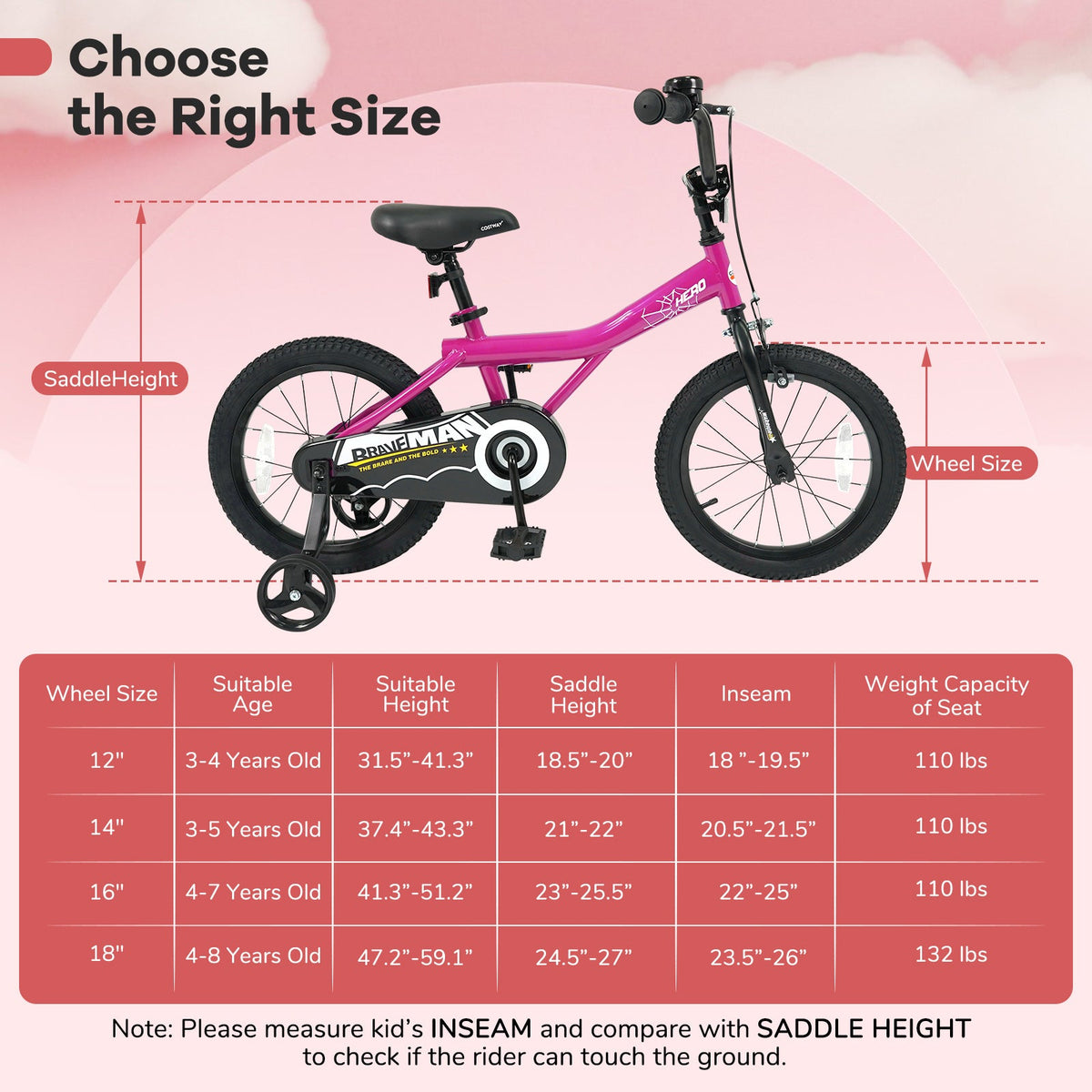 Pink 14-inch kids bike with removable training wheels and a sturdy frame, perfect for beginner riders.