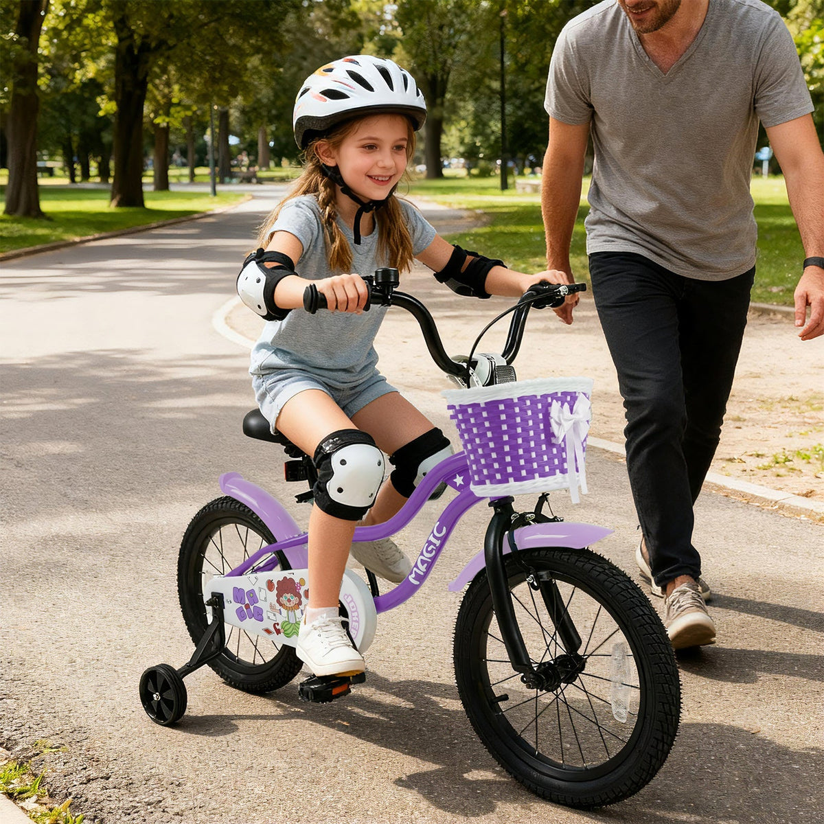Purple kids bike with training wheels, 12-18 inch size, suitable for young children, featuring a sturdy frame and colorful design.