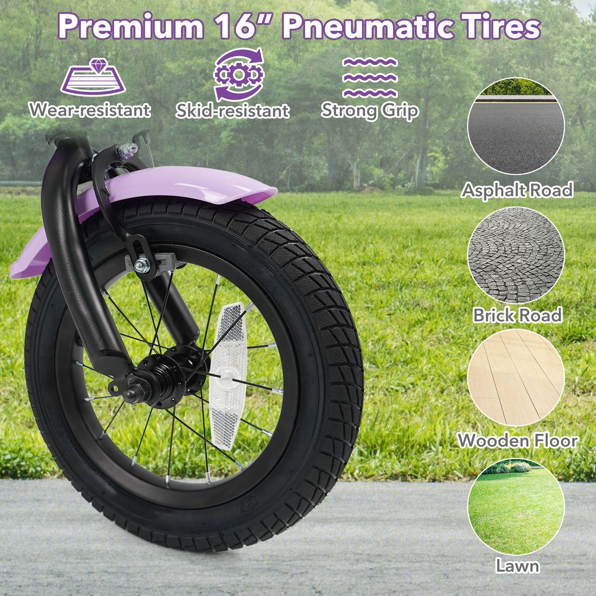 Purple kids bike with training wheels, 16-inch size, suitable for children learning to ride, by GBruno Store.