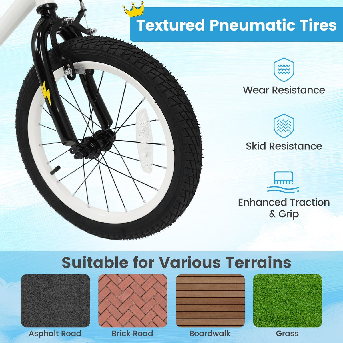 White kids bike with training wheels, 12-16 inch size, featuring a sturdy frame and colorful accents for young riders.