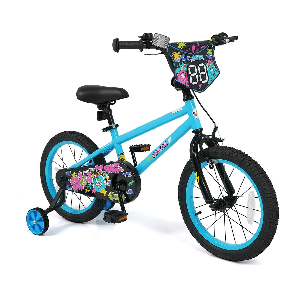 Kids bike with 16-inch wheels and training wheels for ages 4-7, featuring a colorful frame and safety grips.